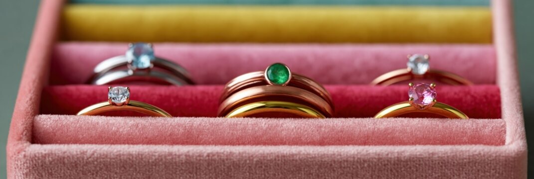Closeup gold emerald diamond rings in pink velvet organizer tray for elegant ring display background and banner design