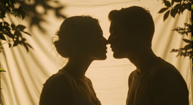 Silhouetted Couple Facing Each Other Romantic Scene Warm Lighting Intimate Mood