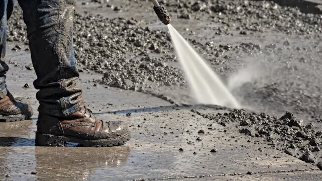 Close-up of a worker's muddy boots and jeans while using a high-pressure washer to clean a dirty area