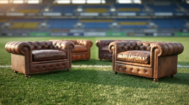 Classic brown leather tufted sofas placed on a green grass pitch inside a football stadium.