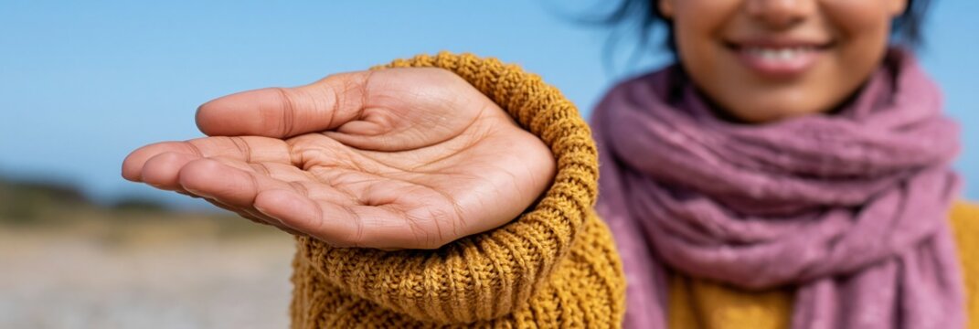 Close-up of woman showing open palm wearing a knitted mustard sweater and pink scarf for lifestyle background and banner design
