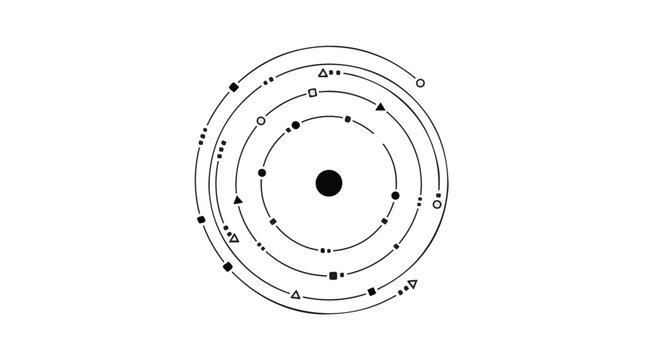 Abstract celestial system with orbiting planets and celestial bodies on a white background