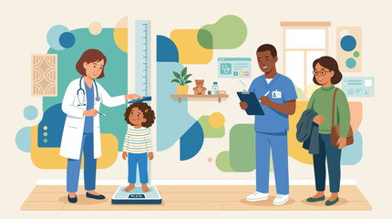 Fototapeta premium Doctor weighs child on scale with nurse and parents in clinic