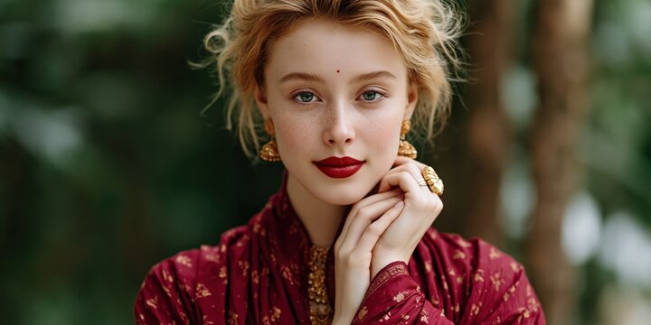 Close portrait of young woman in red patterned dress with gold jewelry and bold lipstick for fashion portrait background and beauty banner