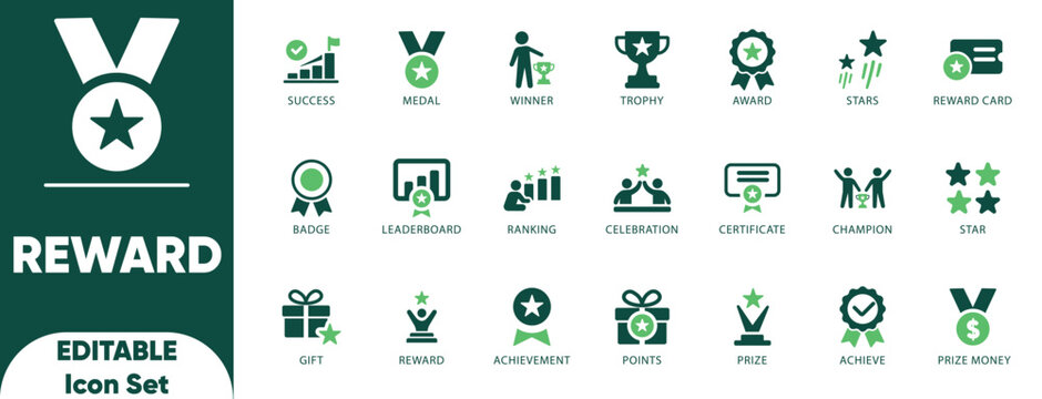 Reward icon set. achieve, achievement, award, certificate, honour, success, winner, star, medal, illustration, and solid icons celebration.