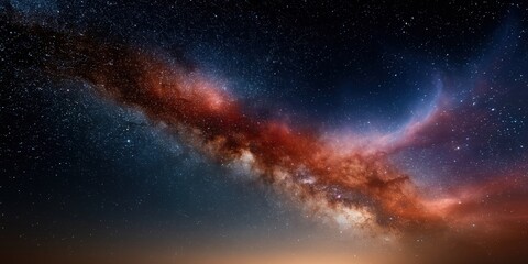 Obraz premium Dense milky way band with red and blue nebula for dramatic cosmic background and space poster design