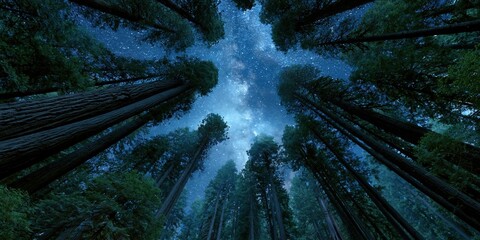 Fototapeta premium Forest canopy opening shaped like a star revealing night sky and milky way for dramatic wallpaper and background design