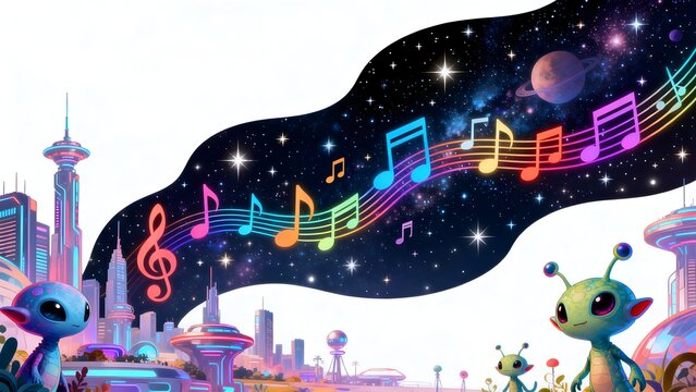 Aliens in futuristic city with musical notes