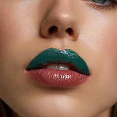 Naklejka premium High detail beauty closeup of glossy green and red lip makeup for cosmetic poster and banner design