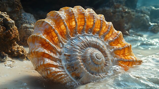 Detailed ammonite fossil on beach