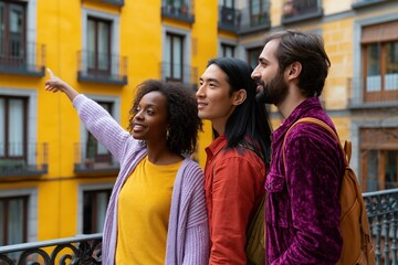 Obraz premium Trio of friends standing on a balcony in a colorful city pointing at buildings for travel banner background and lifestyle imagery