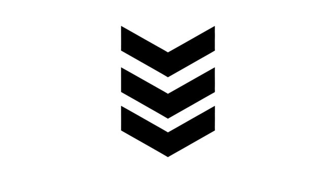 Minimalist black graphic icon featuring three stacked downward-pointing chevron arrows, symbolizing a decrease or descent