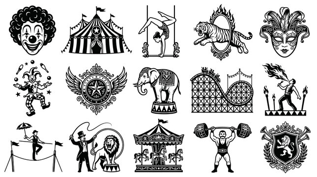 Vintage Circus Icons Black and White Line Art Vector Collection