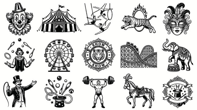 Vintage Circus Elements and Characters Collection in Black  White Line Art Style