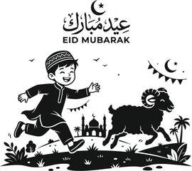 Fototapeta premium Happy Muslim boy running with sheep Eid Mubarak Islamic festival vector illustration