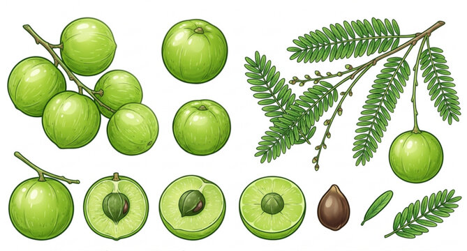 Fresh amla berries and Indian gooseberry branch vector illustration isolated on white background