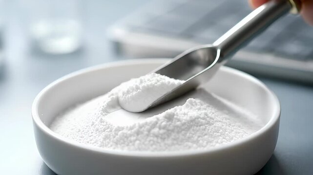Metal Laboratory Scoop Taking a Sample of White Powder from a Ceramic Dish