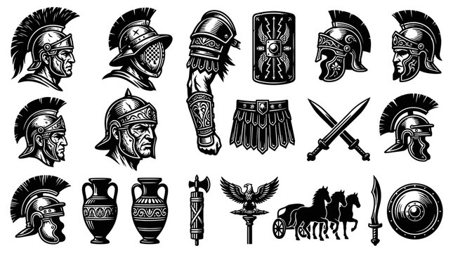 Ancient Roman Empire Symbols and Military Equipment Vector Set in Vintage Engraving Black and White Line Art Style
