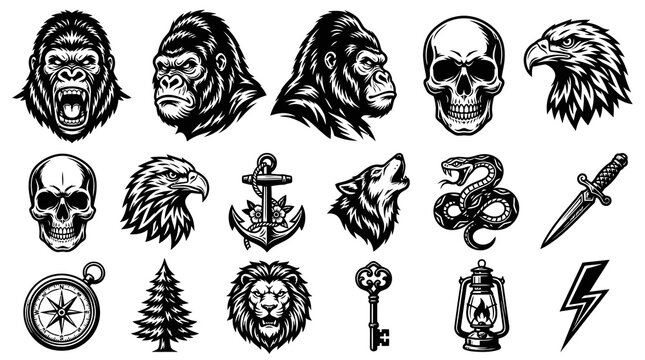 Graphic Design Vector Set: Vintage Black White Line Art Emblems - Animals, Skulls, Nature  Symbols Collection