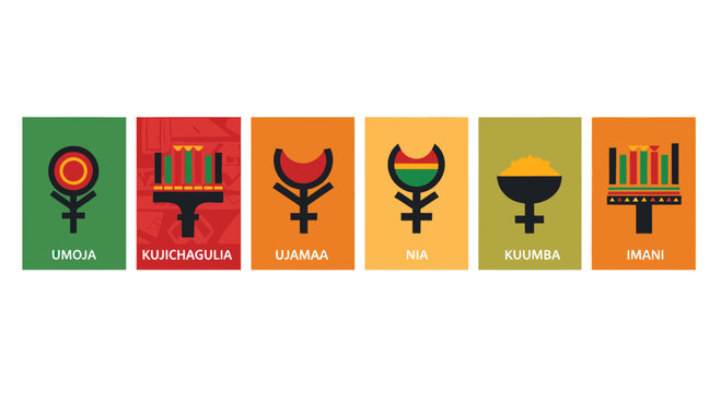 African Symbols Illustration with Text for Kwanzaa Principles, Digital Artwork