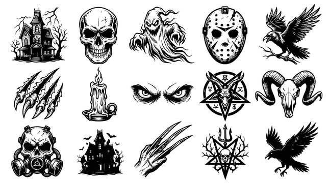 Halloween Horror Spooky Engraved Line Art Vector Icons Set. Skulls, Ghosts, Haunted Houses, Masks, Ravens, Claws.