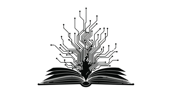 Open book with digital circuits blooming like a tree, symbolizing knowledge and technology.