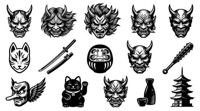 Japanese Culture Black  White Line Art Vector Set with Oni Masks, Katana, Daruma, Maneki-Neko, and Pagoda