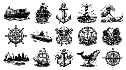Obraz premium Maritime Nautical Symbols Set. Vintage Black and White Engraving Line Art Marine Elements Collection.