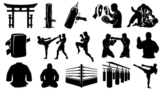 Martial Arts and Combat Sports Vector Icons Set. Black Silhouette Glyphs for Training, Fight, Dojo, Gym.