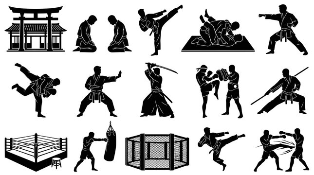 Martial Arts and Combat Sports Silhouettes Vector Icons Set - Black  White Fighter Poses  Equipment
