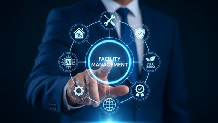 Fototapeta premium Digital facility management concept showing AI building services sustainability and operational technology