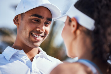 Fototapeta premium Happy couple, conversation or tennis with love for friendly match, outdoor practice or preparation. Man, woman or sport partner with smile, discussion or social chat for training or game on court