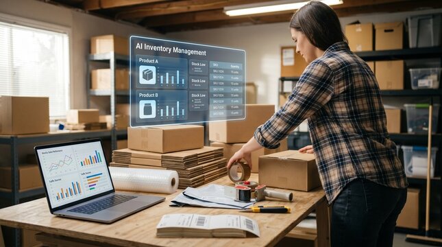 E commerce Business Owner Using AI Inventory Management and Augmented Reality for Order Fulfillment in a Warehouse