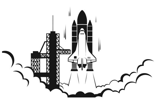 Black and white space shuttle launching from tower with clouds rocket