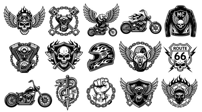 Monochrome Motorcycle Biker Club Emblems: Skull, Wing  Engine Vector Graphics Set in Vintage Style