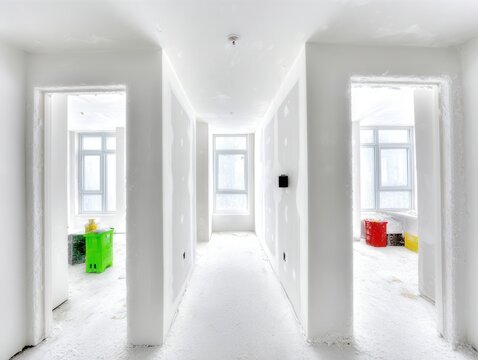 Drywall installation process in a modern apartment showcasing white walls and natural light during renovation