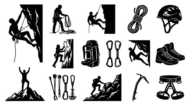 Black and White Glyph Icons of Climbing, Mountaineering Equipment and Climber Silhouettes Set