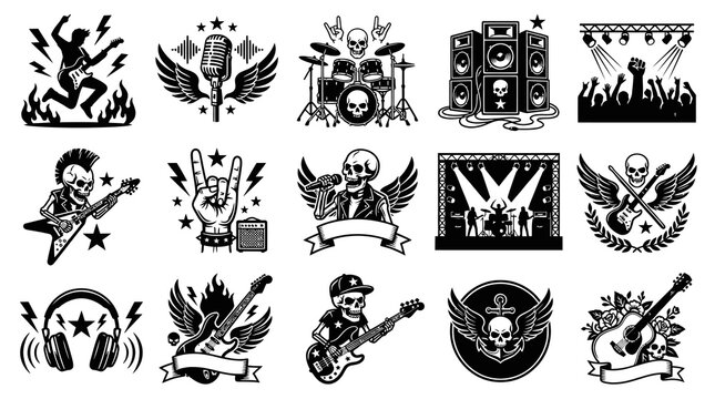 Rock Music Icons: Skull Guitars Microphones Stage Drums Headphones Amp Glyph Art