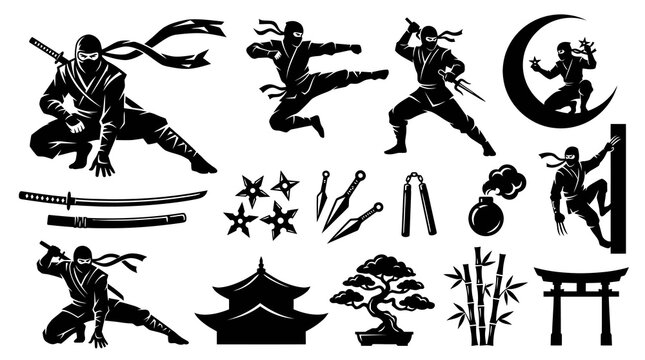 Japanese Ninja Martial Arts Icons  Silhouettes with Traditional Weapons, Pagoda, Bonsai, and Bamboo Glyphs