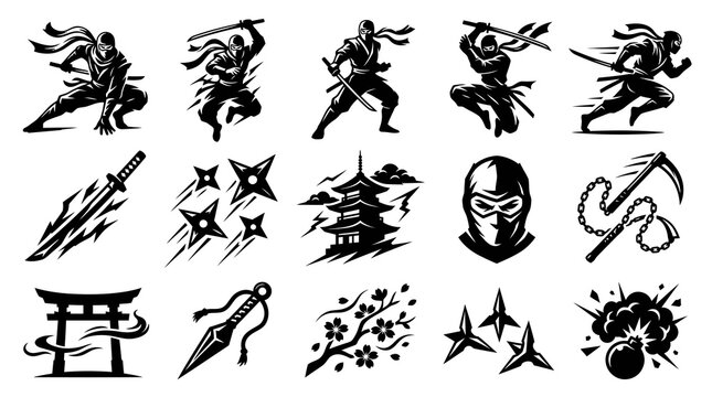 Japanese Ninja Warrior Icons Set with Weapons and Pagoda Torii Cherry Blossom Black Silhouette Glyphs