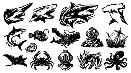 Fototapeta premium Marine Life and Underwater Adventure Vector Icon Set: Sea Animals, Sharks, Octopus, Dive Helmets