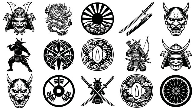 Japanese Culture Vector Emblems  Icons Set. Samurai, Oni Mask, Dragon, Katana, Mon Traditional Black Line Art
