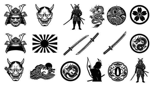 Japanese Samurai Culture Black  White Line Art Vector Set: Helmets, Oni Masks, Katanas, Dragons, Sakura, Tsuba