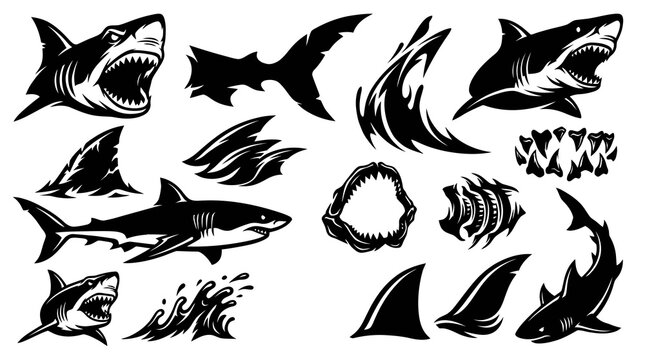 Marine Life Aggressive Shark Black  White Graphic Vector Illustrations Set