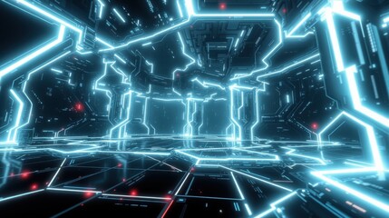 Fototapeta premium Futuristic tunnel glows with bright neon lines. Complex grid patterns extend into darkness. Digital aesthetic dominates space.