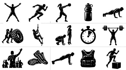 Obraz premium Fitness Gym Silhouette Icons: People, Weights, Sports Equipment - Vector Art