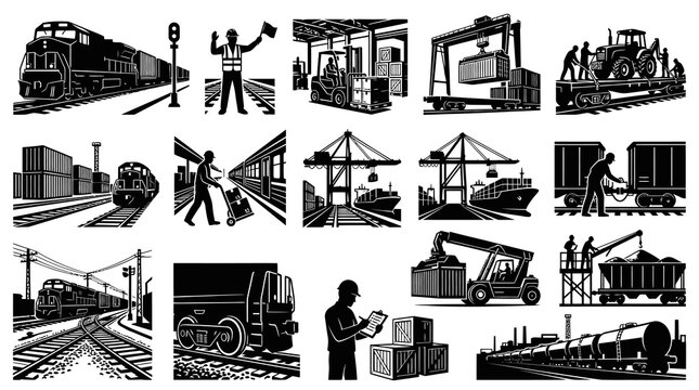 Industrial Logistics with Trains, Cranes, Cargo  Workers - Black  White Vector