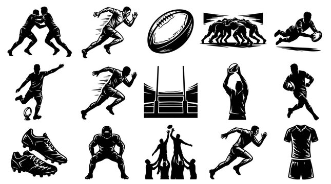 Rugby Sports Vector Icons Black and White Illustration