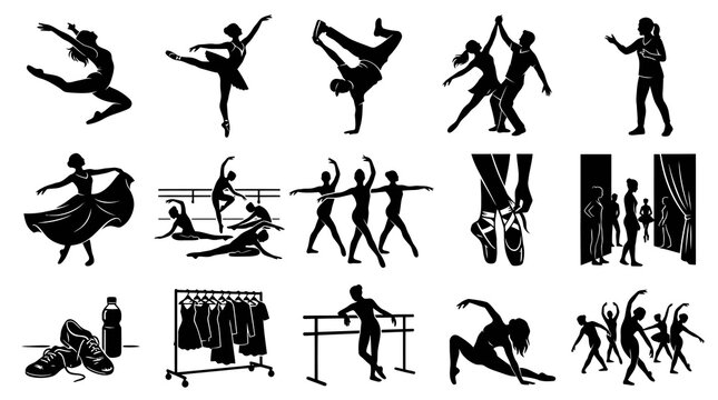 Diverse Dance  Performing Arts Vector Silhouette Icons Set: Ballet, Hip Hop, Contemporary Dancers  Studio Elements