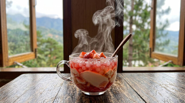 Steaming strawberry taho dessert beside open mountain cafe windows.